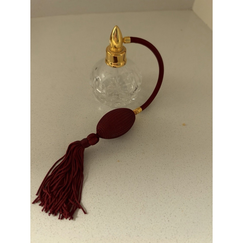 WATERFORD CRYSTAL LISMORE ROUND PERFUME BOTTLE ATOMISER WITH BURGUNDY BULB